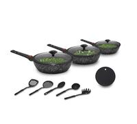 Avilia Set Padelle Antiaderenti Nero 12 Pezzi - Effetto Pietra con Manici Removibili | Utensili da Cucina con Coperchi in Vetro | Utilizzabile su Induzione, Gas e Forno