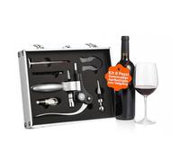 Avilia Set Sommelier 6 Pezzi con Cavatappi e Valigetta in Alluminio | Kit accessori vino con tagliacapsule, tappo versatore, termometro e tappo salva-aroma, idea regalo