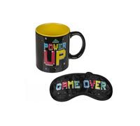 Avilia Set Tazza con Maschera per Occhi con Design Videogioco - Idea Regalo Kit Tazza e Mascherina per Occhi con Decorazione Videogiochi, Maschera 20x10cm, Tazza 7.8x9.5cm, Giallo e Nero