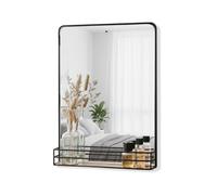 Avilia Specchio da Parete Moderno con Cornice Nera e Ripiano in Legno - Specchio da Bagno con Mensola Portaoggetti Integrata - Design Elegante per Ingresso, Camera e Corridoio