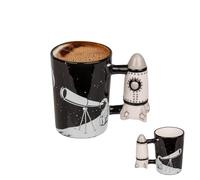 Avilia Tazza per Tè e Caffè a Tema Spaziale con Manico a Forma di Razzo - Ceramica, 280ml, 14x12cm, Bianco e Nero