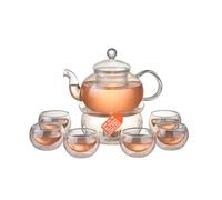 Avilia - Teiera in Vetro 600ml con Infusore e Base Portacandela, Set con 6 Tazzine Resistenti al Calore, Ideale per Tè Sfuso e Infusi, Elegante Idea Regalo Raffinata
