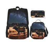 AvImYa Zaino + astuccio/astuccio + borsa per il pranzo borsa per la scuola combinata, borsa per la scuola per ragazze, ragazzi, bambini, studenti, leggero e resistente, alce nel prato, Nero , Taglia