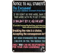 Aviso a todos los estudiantes: No hay excusas: asume tus errores y aprende de ellos si no trabajaste. Letrero de metal con impresión artística divertida, póster vintage, decoración de pared de 8 x 12