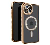 Avizar, Cover diamantini per iPhone 15 protezione bordo strass, Dorato