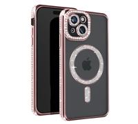 Avizar Cover diamantini per iPhone 15 protezione MagSafebordo strass, Rosa Champagne