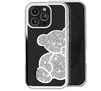 Avizar, Cover orsetto per iPhone 16 Pro design strass bordo lucido, Argento