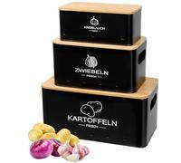 Avmvnvc Porta Patate, Porta Aglio e Cipolla - Set di 3 Contenitore Patate con Coperchio in Bambù - Contenitori Dispensa Cucina - Prolungare Freschezza Delle Verdure (Nero, Rettangolare)