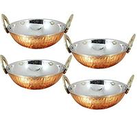 AVS Stores®, set di 4 ciotole Karahi in puro rame e acciaio inox, con manici in ottone, per servire il cibo indiano, diametro 17,5 cm