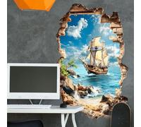 AVSMGP Adesivi Murali 3D - Muro Rotto, Barca A Vela, Onda del Mare, Carta da Parati Autoadesiva E Rimovibile - Carta da Parati Impermeabile - per Bagno, Camera, Ufficio, Decorazione della Casa