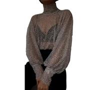 AVSMGP Maglietta Donna Trasparente Maglie in Rete Sexy Mesh Tops Collo Alto Girocollo Camicette Manica Lunga Clubwear Bluse Leggera Crop Top Basic Top Slim Fit T Shirt in Tulle,Bianca,XL