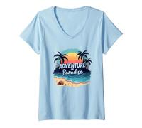 Avventura in Paradiso Tropical Beach Tramonto Maglietta con Collo a V, Donna, Celeste, M