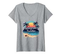 Avventura in Paradiso Tropical Beach Tramonto Maglietta con Collo a V, Donna, Grigio Melange, XL
