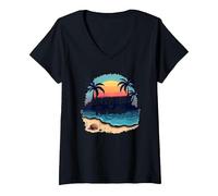 Avventura in Paradiso Tropical Beach Tramonto Maglietta con Collo a V, Donna, Nero, L