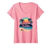 Avventura in Paradiso Tropical Beach Tramonto Maglietta con Collo a V, Donna, Rosa, M