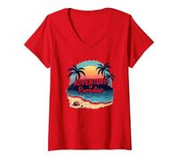 Avventura in Paradiso Tropical Beach Tramonto Maglietta con Collo a V, Donna, Rosso, M