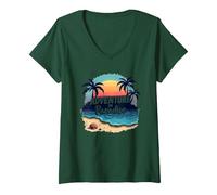 Avventura in Paradiso Tropical Beach Tramonto Maglietta con Collo a V, Donna, Verde Foresta, XL