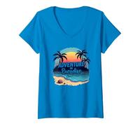 Avventura in Paradiso Tropical Beach Tramonto Maglietta con Collo a V, Donna, Zaffiro, M