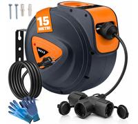 Bakaji Avvolgicavo Elettrico con Cavo Presa Shucko Fissaggio a Parete Muro Sistema blocco automatico, Salvaspazio Avvolgitubo Prolunga Elettrica Professionale e Fai da Te (15 mt 3 Prese)