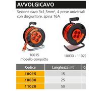 Avvolgicavo elettrico 4 prese bipasso + Schuko con disgiuntore cavo mm 3x1,5