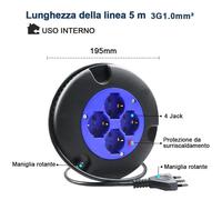 Avvolgicavo Elettrico Prolunga Elettrica 5 Metri 4 Prese Polivalenti Schuko + 10