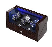 Avvolgitore per orologi automatici Rolex con cuscini morbidi e flessibili, guscio in legno, alimentato da motore giapponese, illuminazione a LED blu integrata (albero triplo), Motivo corteccia di pino