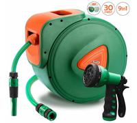 BAKAJI Avvolgitubo da Giardino Tubo Acqua con Blocco Automatico Fissaggio a Parete Tubo in PVC Staffa a Muro Orientabile Ruotabile a 180° (30 Metri)