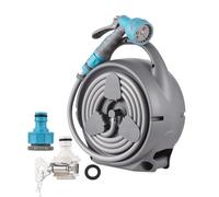 Avvolgitubo con spruzzatore, spruzzatore a 7 marce, ABS, tubo di ingresso, tubo di uscita, adattatori per capezzoli, rondella, catena a perline, chiave inglese