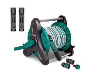 Avvolgitubo con tubo da giardino da 15 m | Include testina getto acqua, connettori tubo flessibile e connettore rubinetto