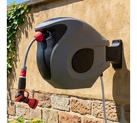Avvolgitubo da Giardino Retrattile da 30m con Ugello a 9 Getti, Sistema di Avvolgimento Automatico a Parete con Rotazione a 180° ° Set per Irrigazione Resistente ai Raggi UV e al Gelo, con Raccordo