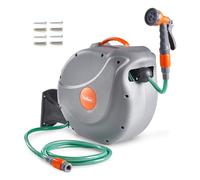 Avvolgitubo da Giardino - Tubo Irrigazione con Avvolgitubo da Parete Retrattile, con Blocco e Riavvolgimento Automatici, Elementi di Fissaggio e Pistola a 8 Modalità, Rotazione 180° (20 m)
