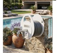 Avvolgitubo, Porta tubo da giardino con doppio rubinetto Dimensioni 16x25xh 30 cm - peso 2,2 kg con rubinetto, Garantito contro la ruggine Colore bianco bianco