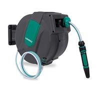 Avvolgitubo Retrattile Automatico 15m, Sistema di Avvolgimento a Molla, Rotazione 180°, Anti-Attorcigliamento, Grigio Antracite, per Irrigazione Giardino, Lavaggio Auto, Piscina