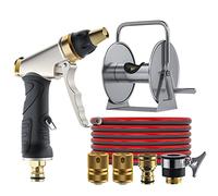 Avvolgitubo retrattile da giardino con staffa girevole manuale, supporto in acciaio inox per montaggio a parete o a pavimento, include tubo dell'acqua e ugello per una facile conservazione e utilizzo