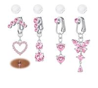 AVYRING 4 Pezzi Gioielli per Piercing Ombelico Finto, Clip Argentati per Donne, Anelli per Ombelico in Acciaio Chirurgico 316L, con Cuore, Farfalla e Cristallo CZ Rosa