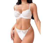 Awake Lingerie Becca Elegante Reggiseno in Raso e Pizzo String Mutandine, Romantica Completo Intimo da Sposa Set, Biancheria Intima Donna (White, M)