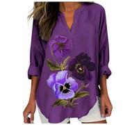 Awareness Shirts Camicia da donna in lino con bottoni, taglie forti, scollo a V, maniche arrotolabili, camicette, top rosso da donna sexy, Lilla, XXL