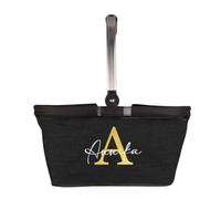 AWASG Cestino per la spesa, pieghevole, personalizzabile, con lettera con nome, regalo personalizzato, cestino in alluminio, 20 l, nero