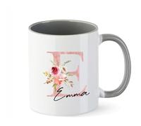 AWASG Tazza con lettere floreali rosa - Personalizzata con nome - Tazza da caffè regalo di ringraziamento - Ceramica 330ml (grigio)