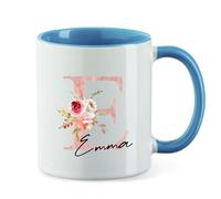 AWASG Tazza con lettere floreali rosa - Personalizzata con nome - Tazza da caffè regalo di ringraziamento - Ceramica 330ml (azzurro)