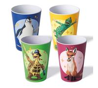 AWAVE Set di Bicchieri in rPET 4 pezzi, La Scuola degli Animali Magici, 250 ml, volpe Rabbat, pinguino Juri, tartaruga Henrietta, camaleonte Caspar, Riutilizzabile Riciclabile, Bicchiere da Bevande