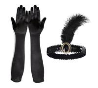 AWAVM 1920s Accessorie,1 fascia di lusso, 1 paio di guanti lunghi. Guanti da matrimonio in raso accessori,Accessorio per anno 20 donna, Great Gatsby Costume Accessori Set, Nero , Taglia Unica