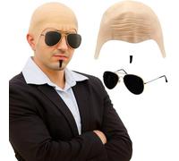 AWAVM 3pcs Set Di Accessori Mr.Worldwide Per Adulti - Set Di Celebrità, Cappello Nudo Calvo, Occhiali Da Sole Neri, Barba Nera Patch, Set Di Accessori Di Abbigliamento Di Moda Per Uomini