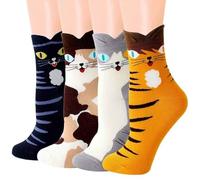 AWAVM Calzini da donna in cotone con gatto, 4 paia, termici, caldi, divertenti, calzini da donna di alta qualità, taglia UK 3-7 | Calzini con animali carini per ragazze e donne | Calzini comodi e