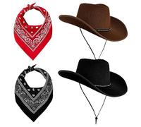 AWAVM Cappelli da cowboy, confezione da 2, cappelli western in feltro di alta qualità (nero e caffè) + bandane Paisley, accessori unisex per festival di musica country, per uomini e donne
