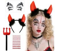 AWAVM Halloween Costume Diavolo Donna 4 Pezzi - Cerchietto Corna con Strass Rossi, Tatuaggio Cicatrice, Bacchetta Magica, Accessori Carnevale e Cosplay Donna Ragazza Adulta