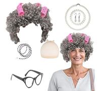 AWAVM Set da 7 pezzi per costume da vecchia signora, accessorio per cosplay della nonna con parrucca da nonna, cuffia per parrucca, occhiali da nonna, collane di perle, orecchini, braccialetto