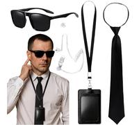 AWAVM Set di 5 accessori per abiti da agente segreto, set di uniformi di sicurezza segrete, accessori per abiti da spia, inclusi occhiali con montatura sottile, cravatta, accessori per auricolari di c