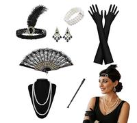 AWAVM Set di accessori anni '20 del Grande Gatsby, accessori Gatsby da donna, set a tema ruggenti anni '20, con fascia, guanti, collana, orecchini, ventaglio pieghevole in pizzo, per donne e donne