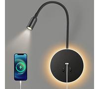Awekliy Lampada da Parete a LED, Lampada da lettura da comodino a collo di cigno con interruttore, Porta di Ricarica USB,faretto luce d'atmosfera camera da letto(3W Luce Naturale + 8W Luce Calda)Nero